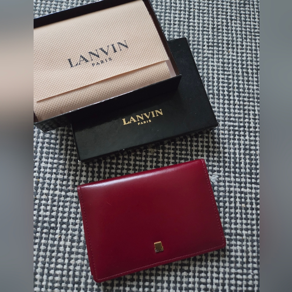 Vintage 1990s LANVIN Paris Burgundy Leather Card Holder w/ Original Box
